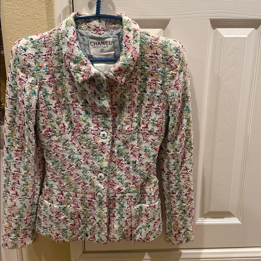 Vintage CC CHANEL tweed fantasy skirt suit in candy colors runway iconic Barbie